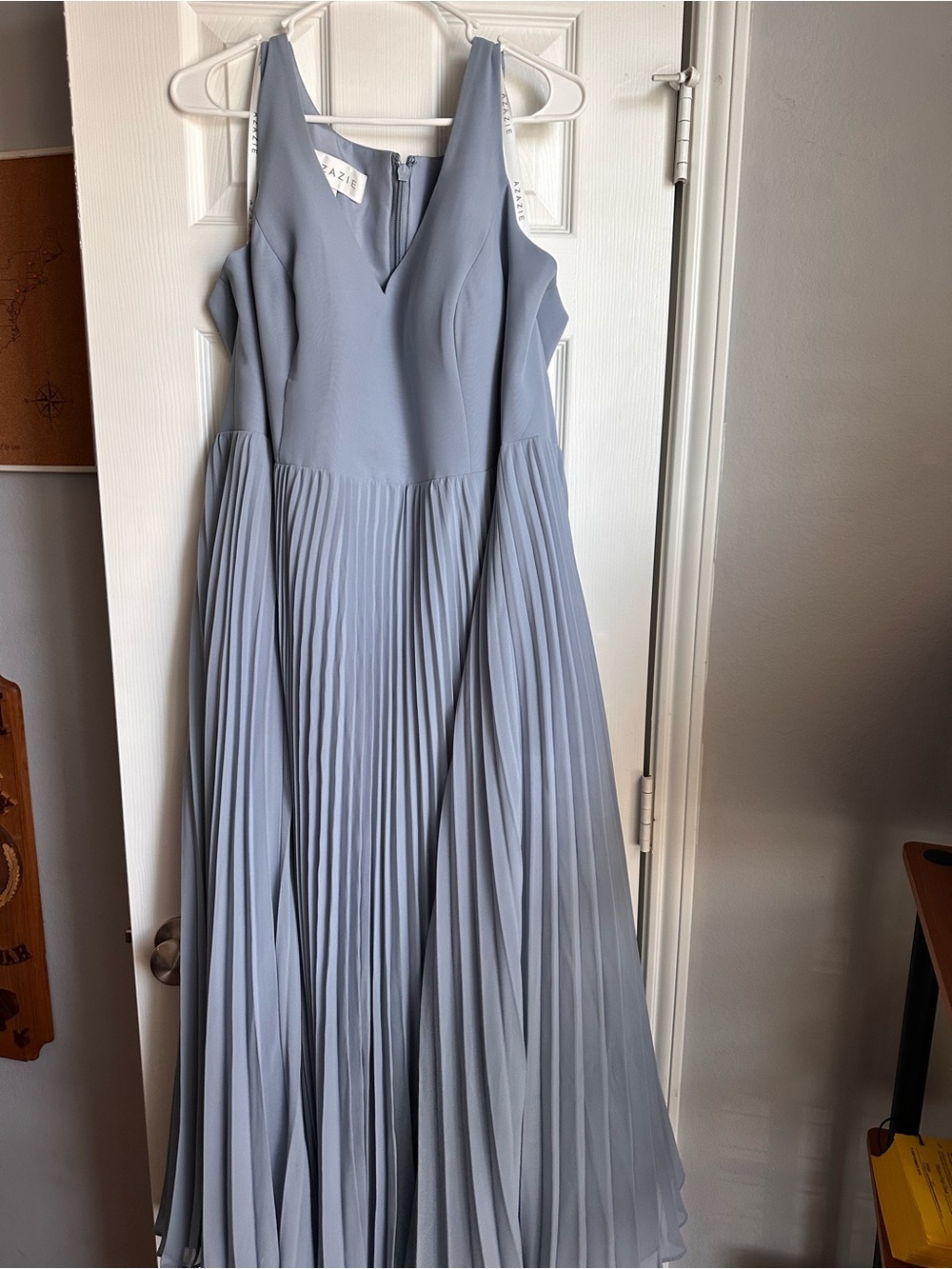 Azazie Dusty Blue Pleated V-Neck Maxi Dress
